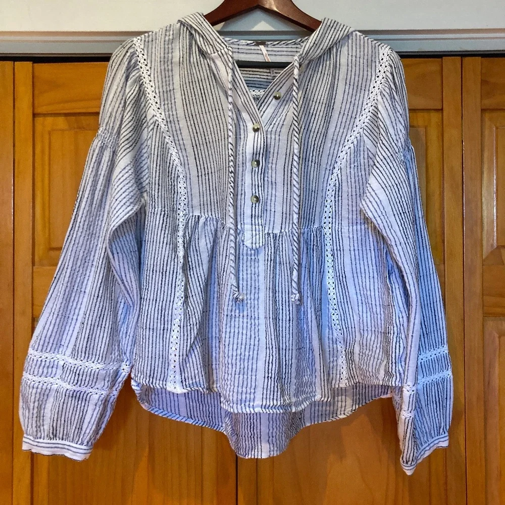 Free People Hooded Puff Sleeve Swing Shirt White, Black, Blue Stripes Size XS
